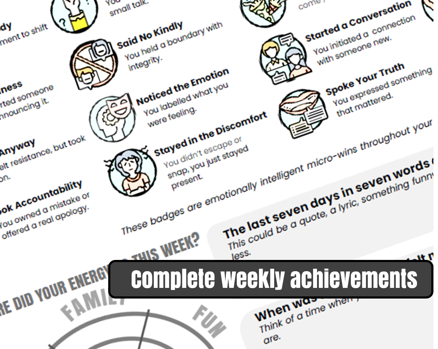Weekly achievements and emotional micro-wins page