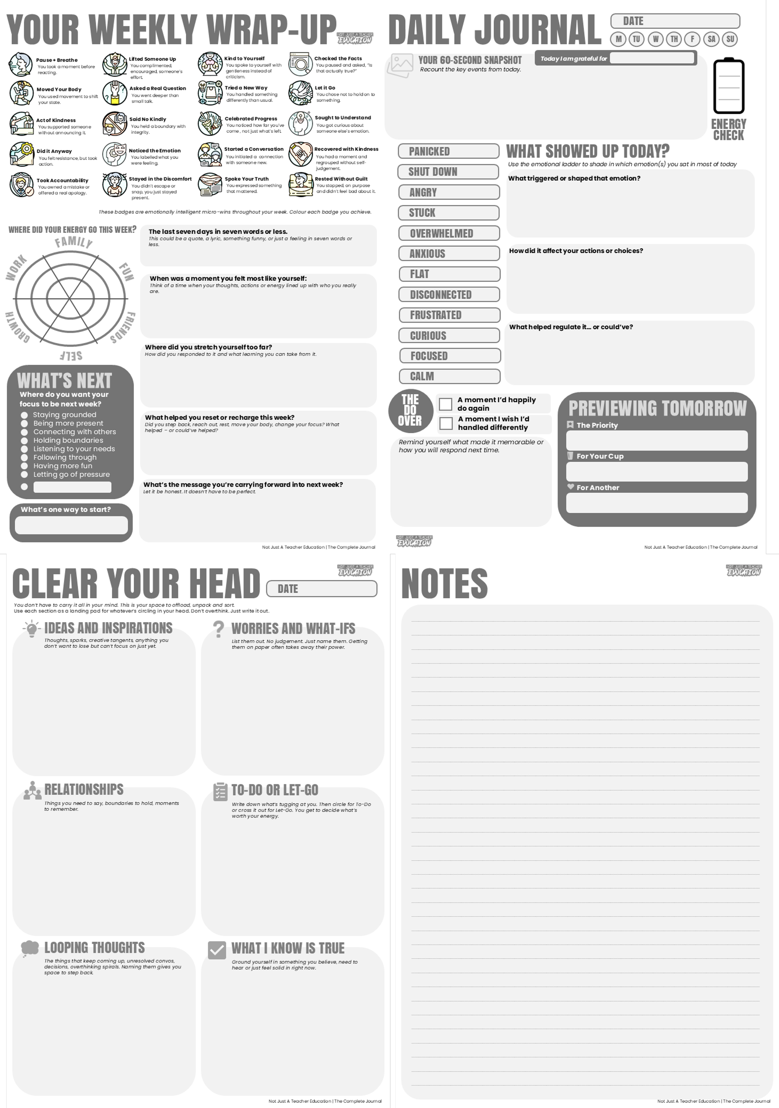 Weekly wrap-up, daily journal, clear your head and notes pages