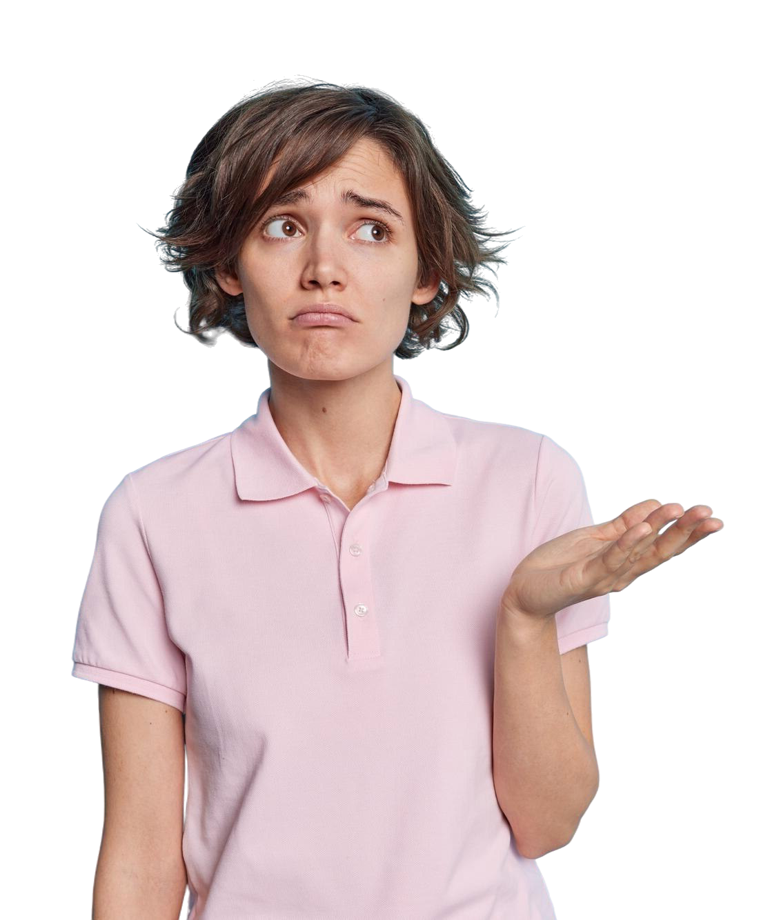 curious woman with short hair gesturing why with her hands