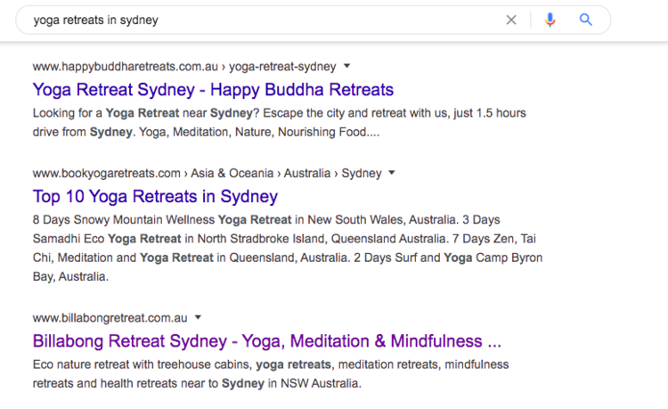screen-shot-of-google-showing+metadescriptions+with+keywords+for+SEO+onpage+for+yoga+retreats+in+sydney+persuasive+language+to+attract+audience.png