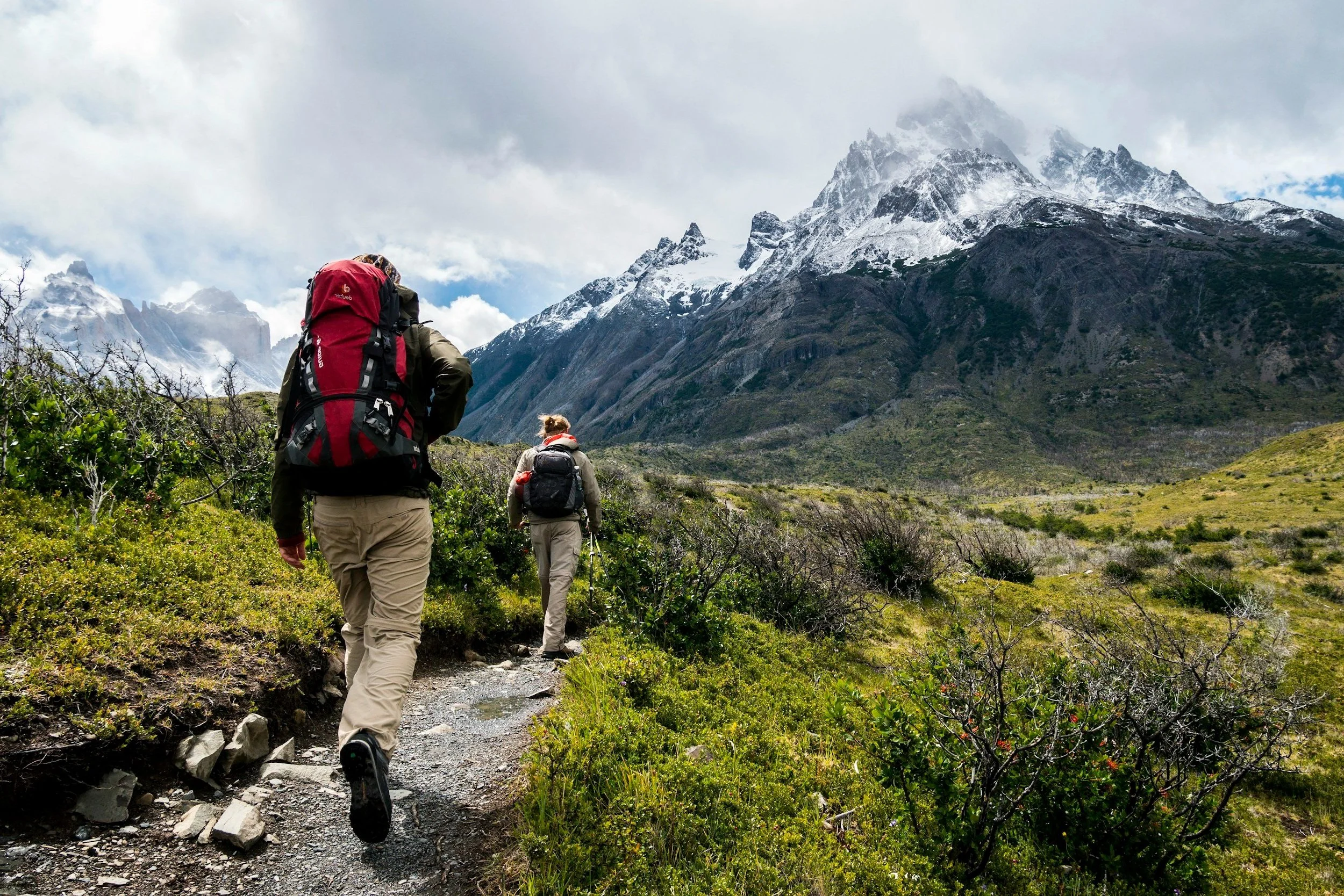 Hikers with backpacks walking on a trail towards snow-capped mountains, surrounded by green vegetation, under a cloudy sky.