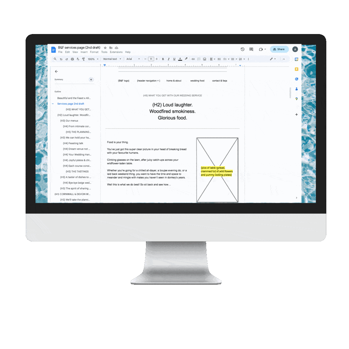 Computer monitor displaying a Google Doc with text and layout design elements for a wedding service page, surrounded by a water-themed border.