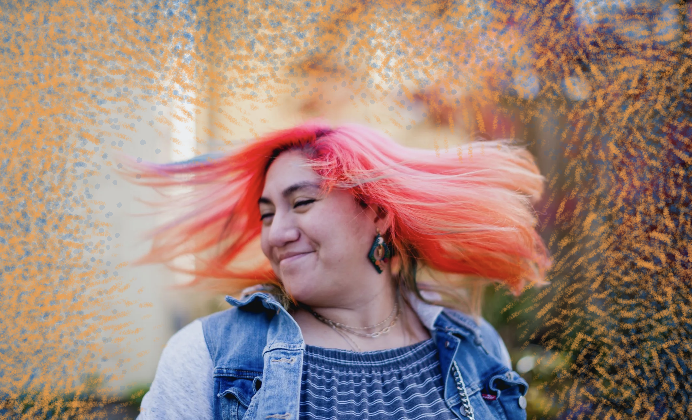 queer fat bodied latina or latinx individual smiling and dancing shaking their dyed pink hair looking happy and content and joyful