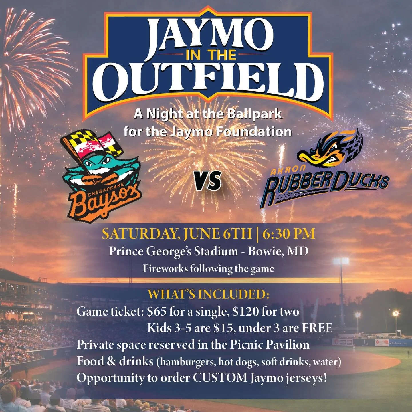 ⚾ Jaymo in the Outfield!
We&rsquo;re excited to introduce our newest event! Join us Saturday, June 6th at Prince George&rsquo;s Stadium in Bowie, MD for a night at the ballpark supporting the Jaymo Foundation. We&rsquo;re cheering on the Chesapeake B