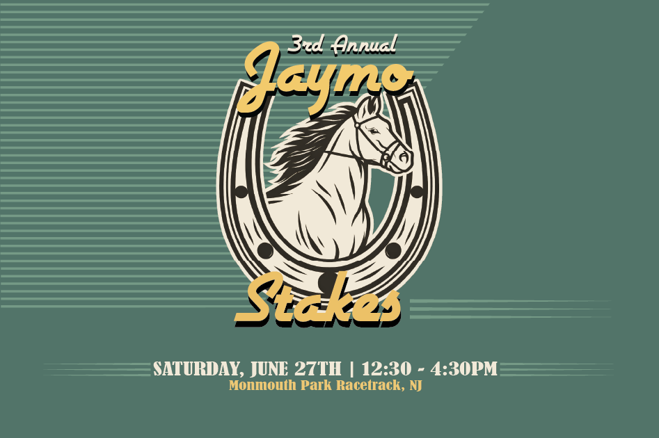 3rd Annual Jaymo Stakes event flyer featuring a horse and horseshoe logo with event details for June 27, 2026 at Monmouth Park Racetrack