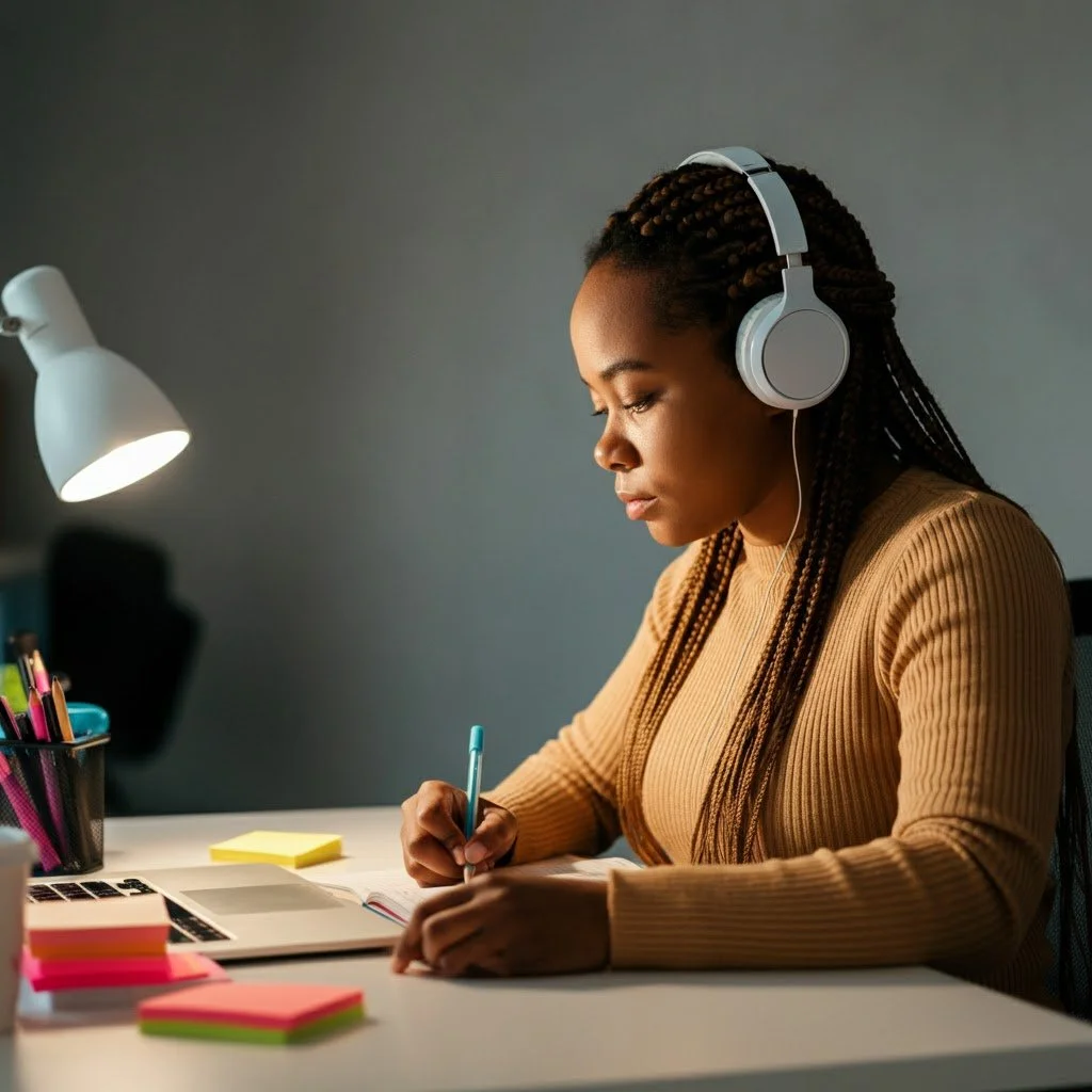 Lady at a desk completing a form