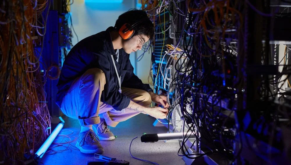 A technician working in a server room surrounded by tangled network cables, wearing headphones and squatting near a row of servers.
