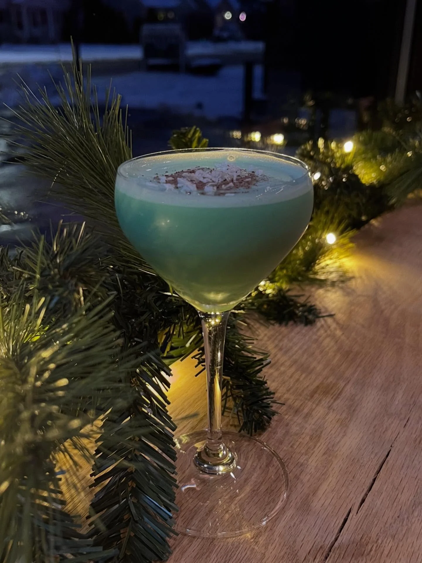 &lsquo;Tis the Season

Vodka
Bailey&rsquo;s
Cr&egrave;me de Menthe
Lemon
Coconut
Dark Chocolate