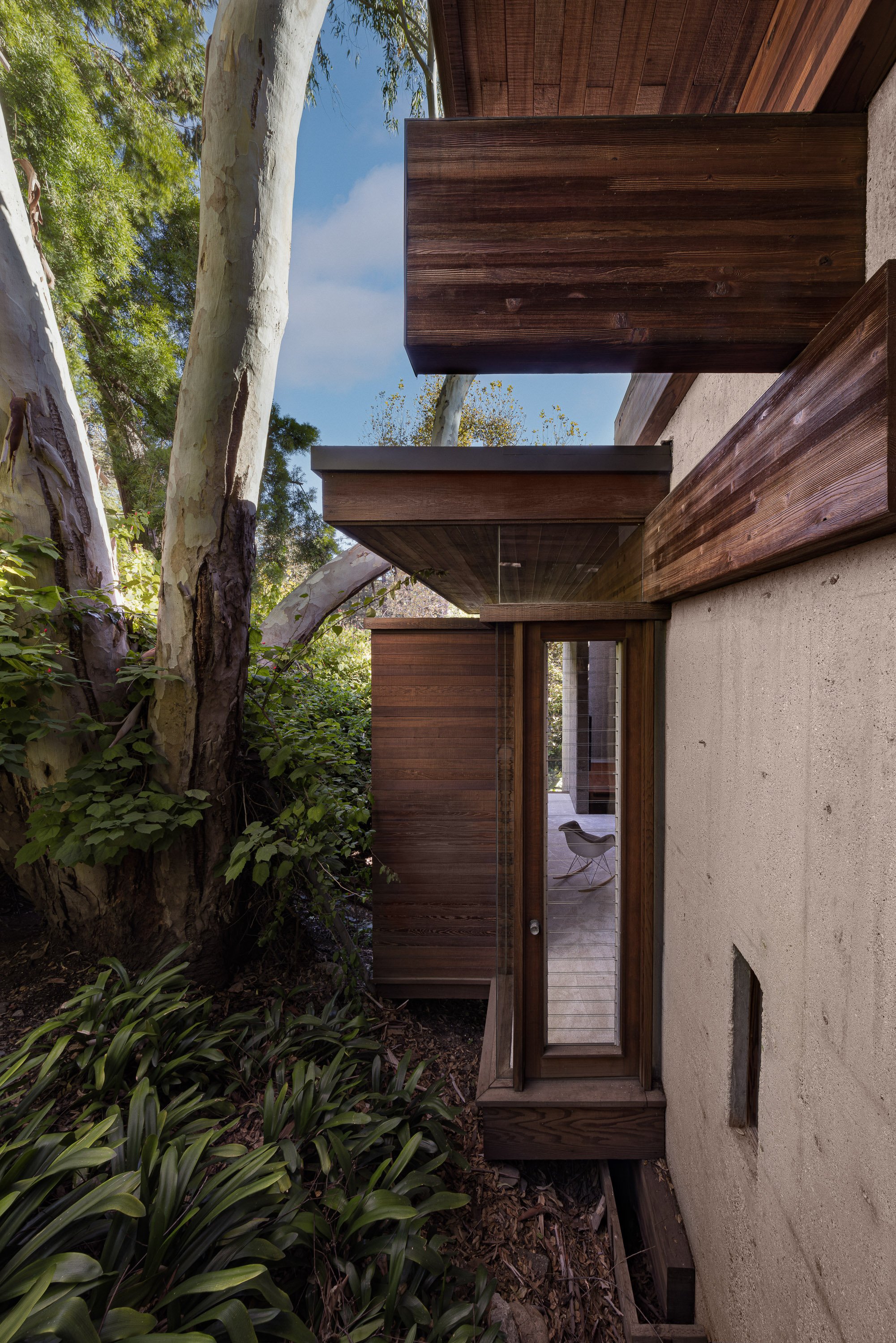 A modern house exterior with a glass door, surrounded by trees and plants, featuring wooden and concrete elements.
