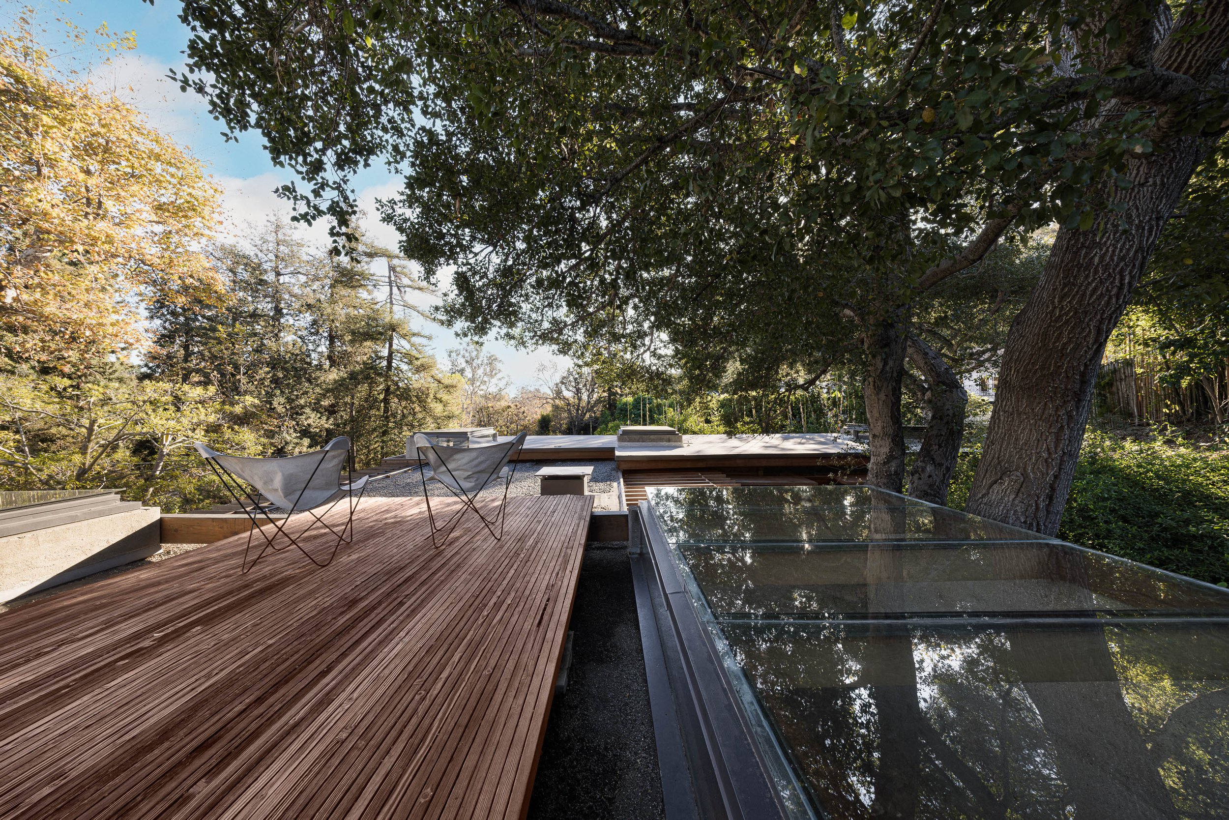 Outdoor wooden deck with two chairs surrounded by trees and nearby glass-covered skylights.