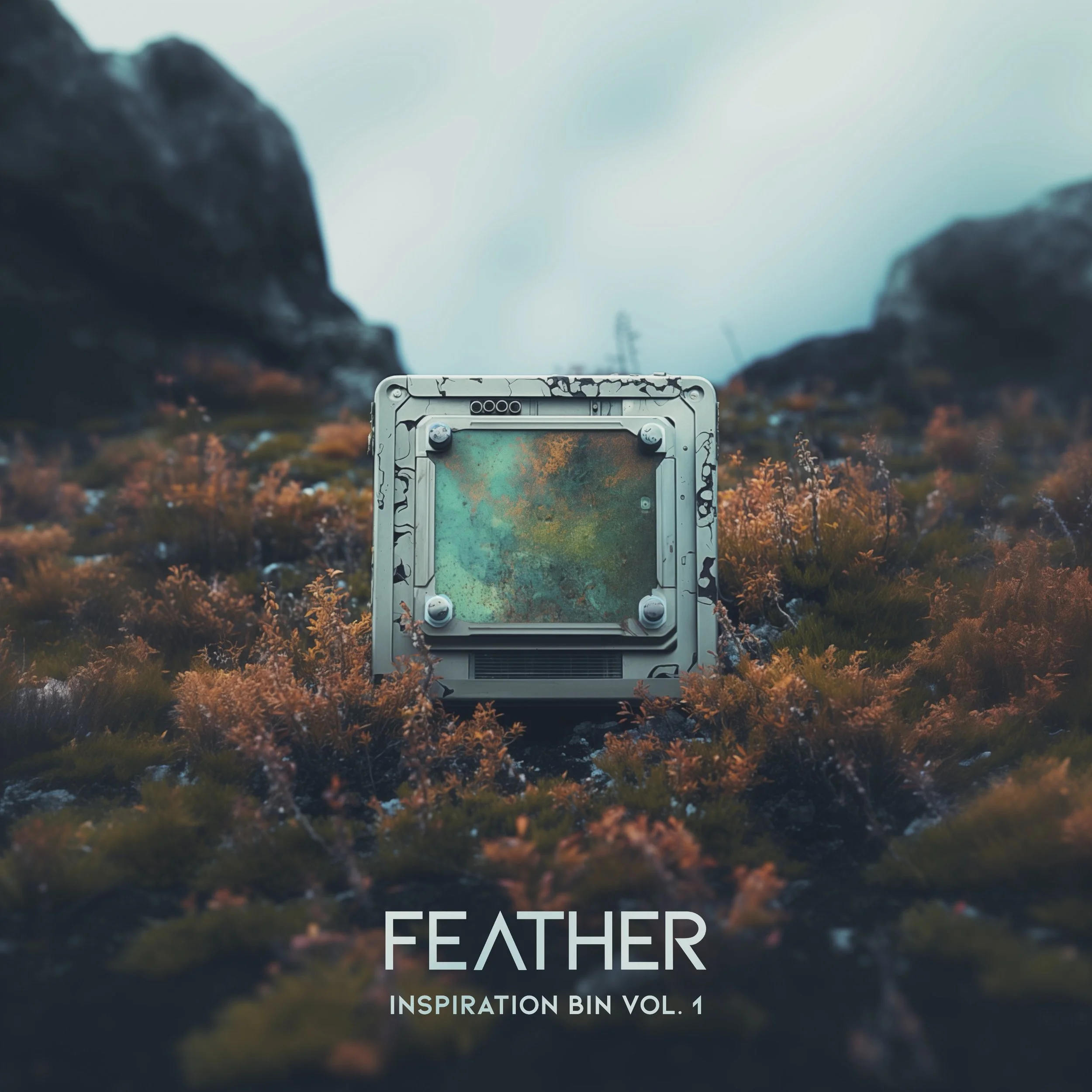 A metallic, weathered container or device sitting among orange foliage in a mountainous landscape