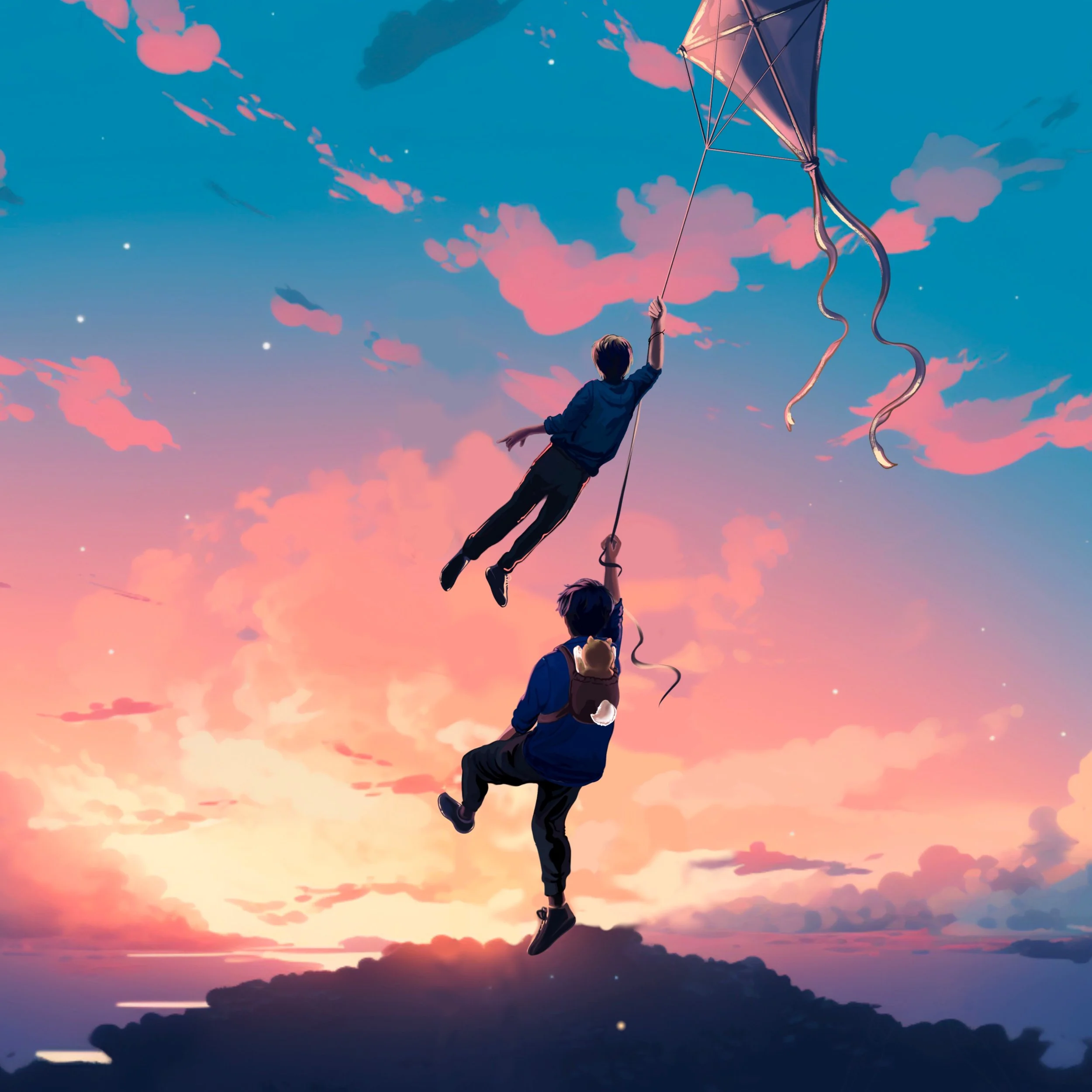 Two boys holding onto a kite string, flying through the colorful sky during sunset, with clouds and a mountain silhouette in the background.