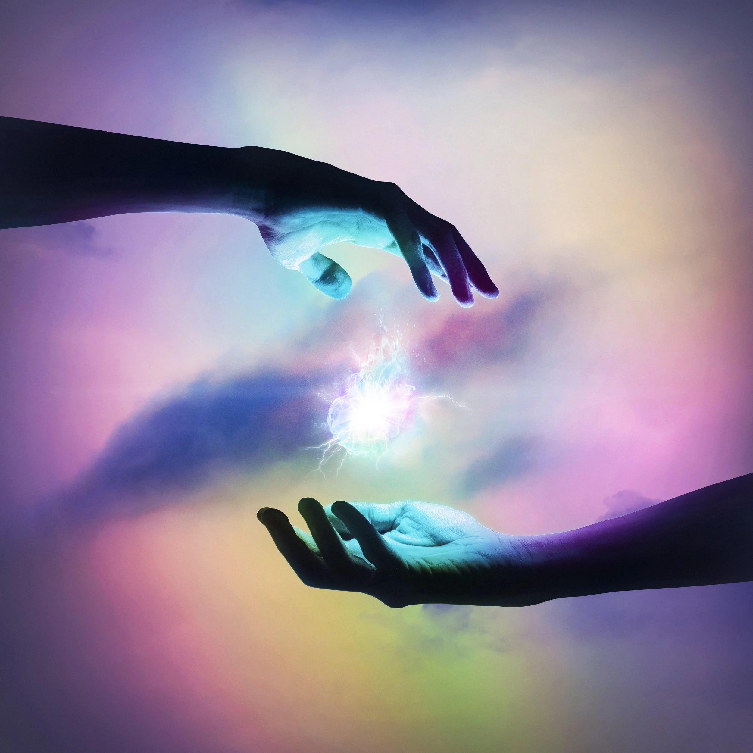 Two hands reaching towards each other with a burst of colorful energy and lightning between them, set against a vibrant, cosmic background.