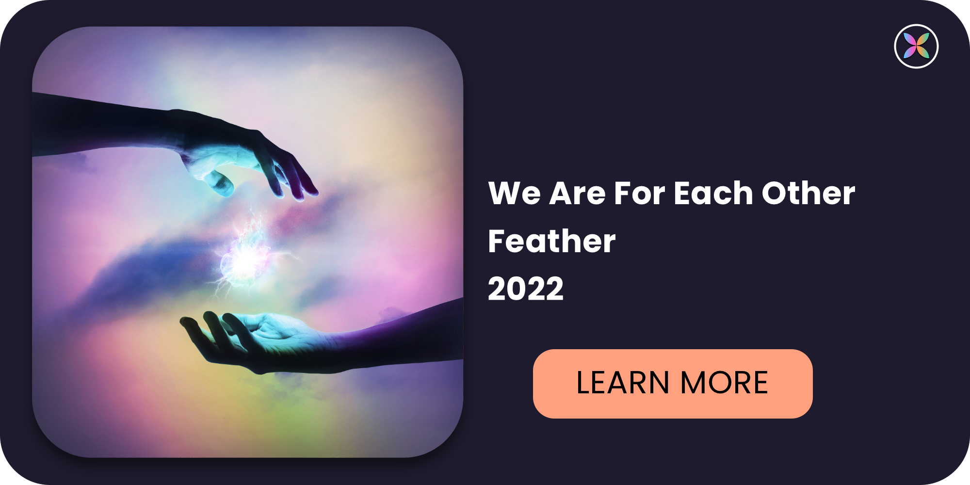 Two hands reaching towards each other with a colorful lightning bolt and aura between them, symbolizing connection or energy transfer.