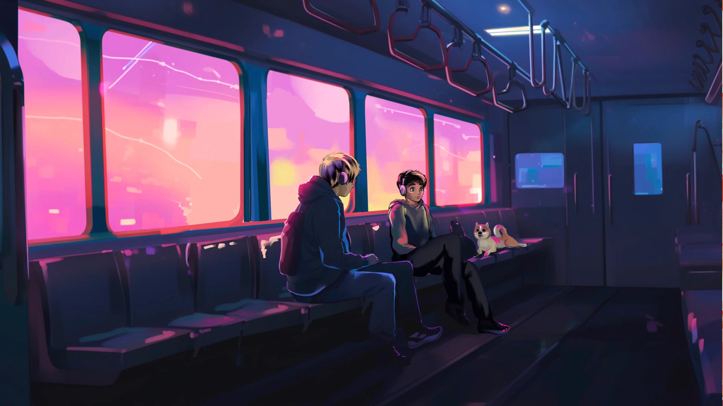 Two young men wearing headphones converse on a subway train at sunset, with a small dog sitting beside them, in a futuristic, neon-lit urban setting.