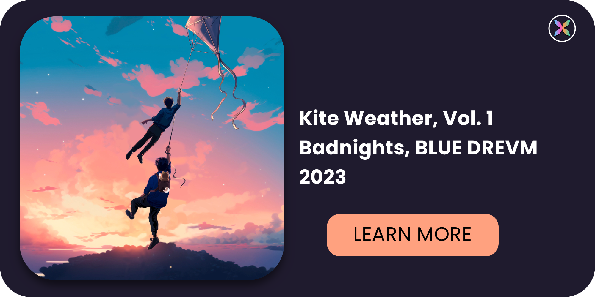 Two children flying a kite during a colorful sunset with pink and purple clouds, one child holding the kite string and the other flying in the air.