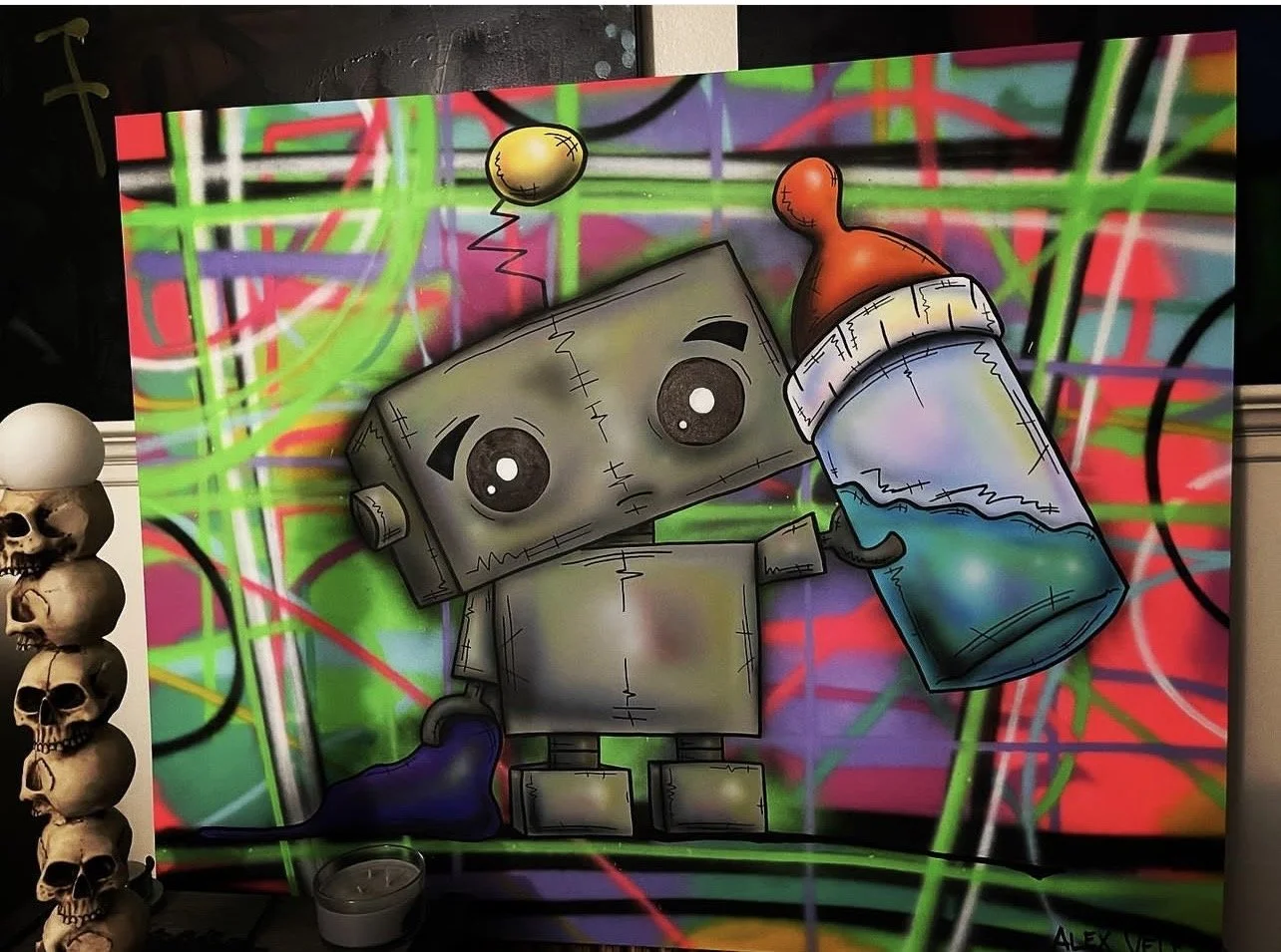 Ragabotz Baby Bot acrylic on canvas 4x6 Created by Alex Velez 