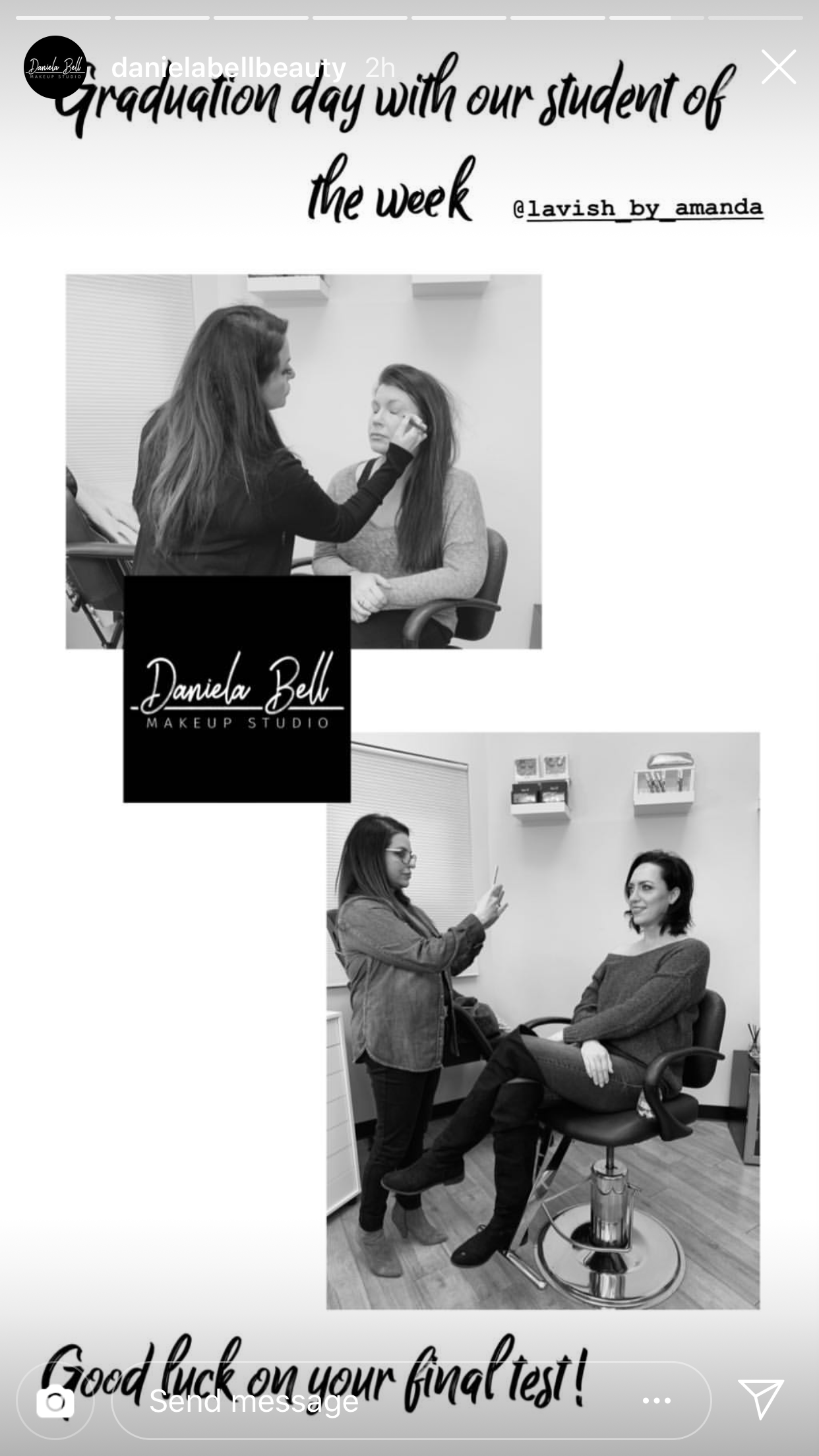 Black and white photo collage showing two women at a makeup studio. The top shows a makeup artist applying makeup to a client. The bottom shows a woman sitting in a salon chair while another woman takes a selfie. The text overlay reads, "Graduation d