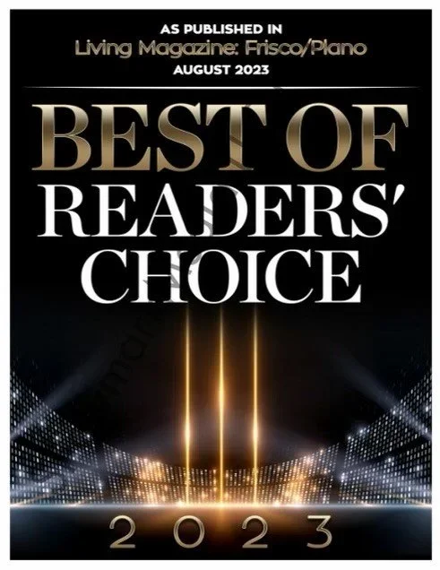 Cover page of a magazine titled "Best of Readers’ Choice 2023," published in August 2023, in Living Magazine: Frisco/Plano, featuring a black background with a gold and white title, and a gold light display at the bottom.