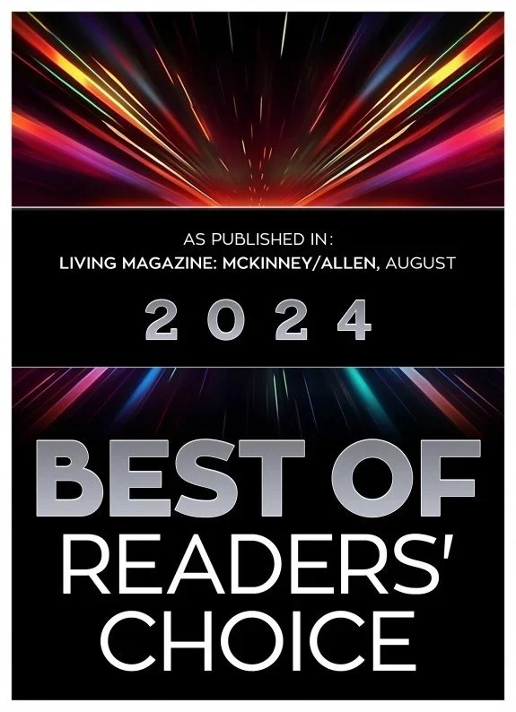 Cover of a magazine showing colorful light streaks with text indicating it was published in Living Magazine, McKinney/Allen, August 2024, featuring the 'Best of Readers' Choice'.