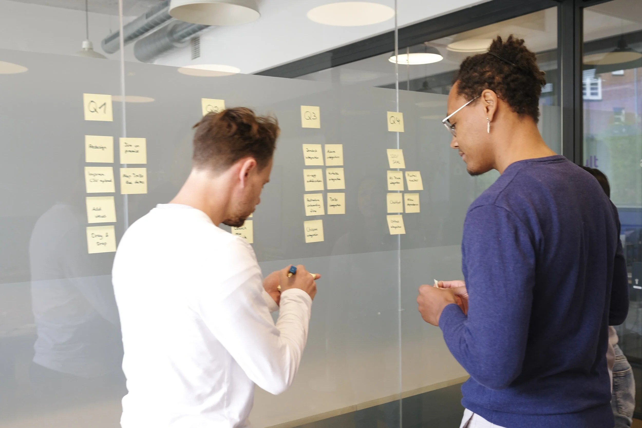 Two people brainstorming at a glass wall with sticky notes arranged in sections labeled Q1, Q3, and Q4, in a modern office setting.