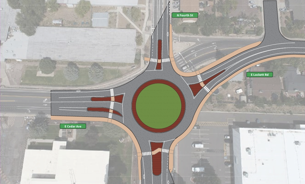 A detailed diagram of a roundabout intersection with labeled streets E Cedar Ave, N Fourth St, and E Lockett Rd, showing lane markings, pedestrian crosswalks, and landscaped areas around the central island.