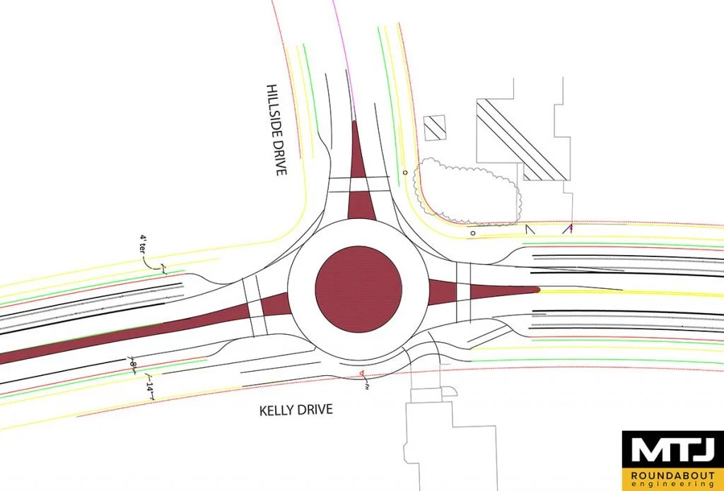 Roundabout blueprint design showing intersection of Hillside Drive and Kelly Drive with road markings and annotations. Includes traffic flow indicators and infrastructure layout. MTJ Roundabout Engineering logo present.