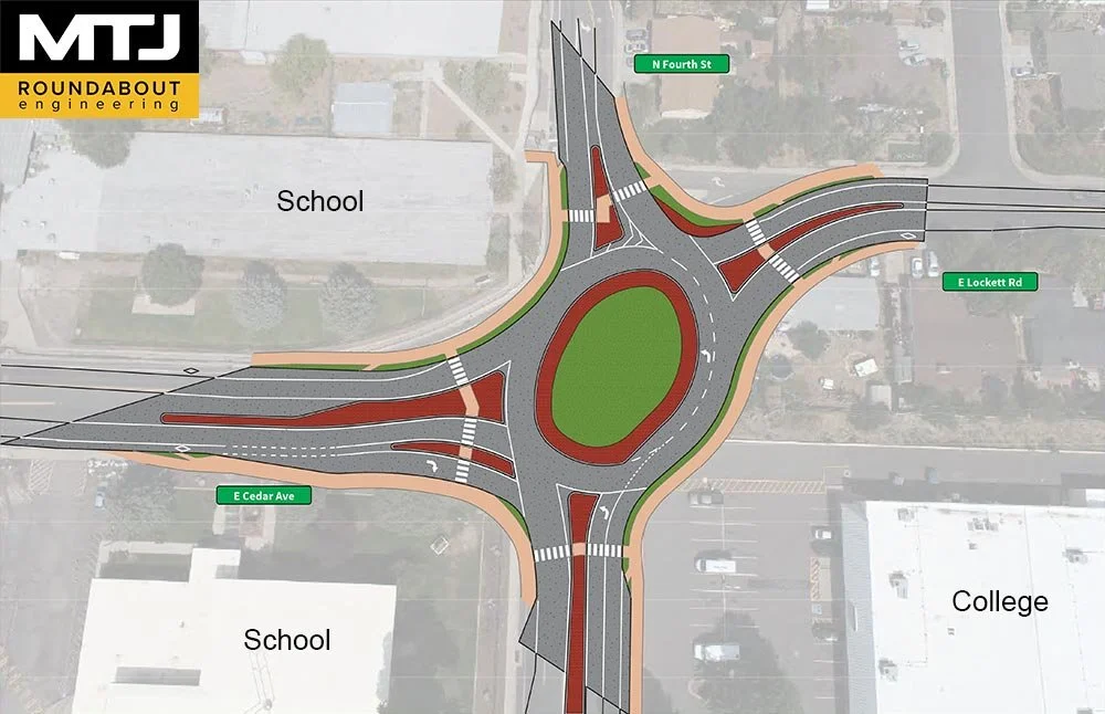 Diagram of a roundabout at the intersection of N Fourth St, E Lockett Rd, and E Cedar Ave, with nearby schools and college indicated.
