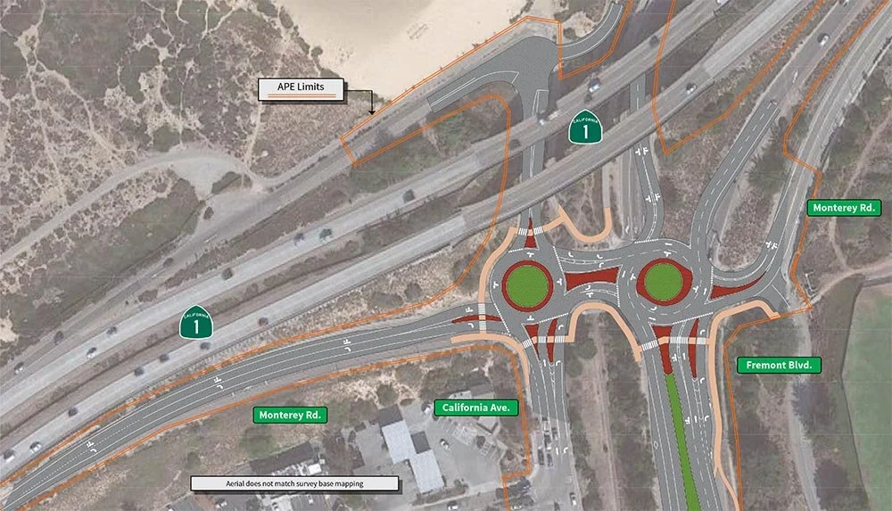 Aerial view of a highway design featuring roundabouts, labeled with street names like Monterey Rd, California Ave, and Fremont Blvd, alongside California Route 1. The image includes an APE Limits indicator.