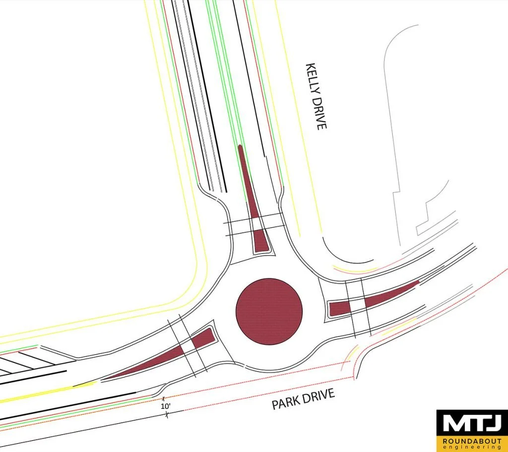 Roundabout design plan showing intersection of Park Drive and Kelly Drive.