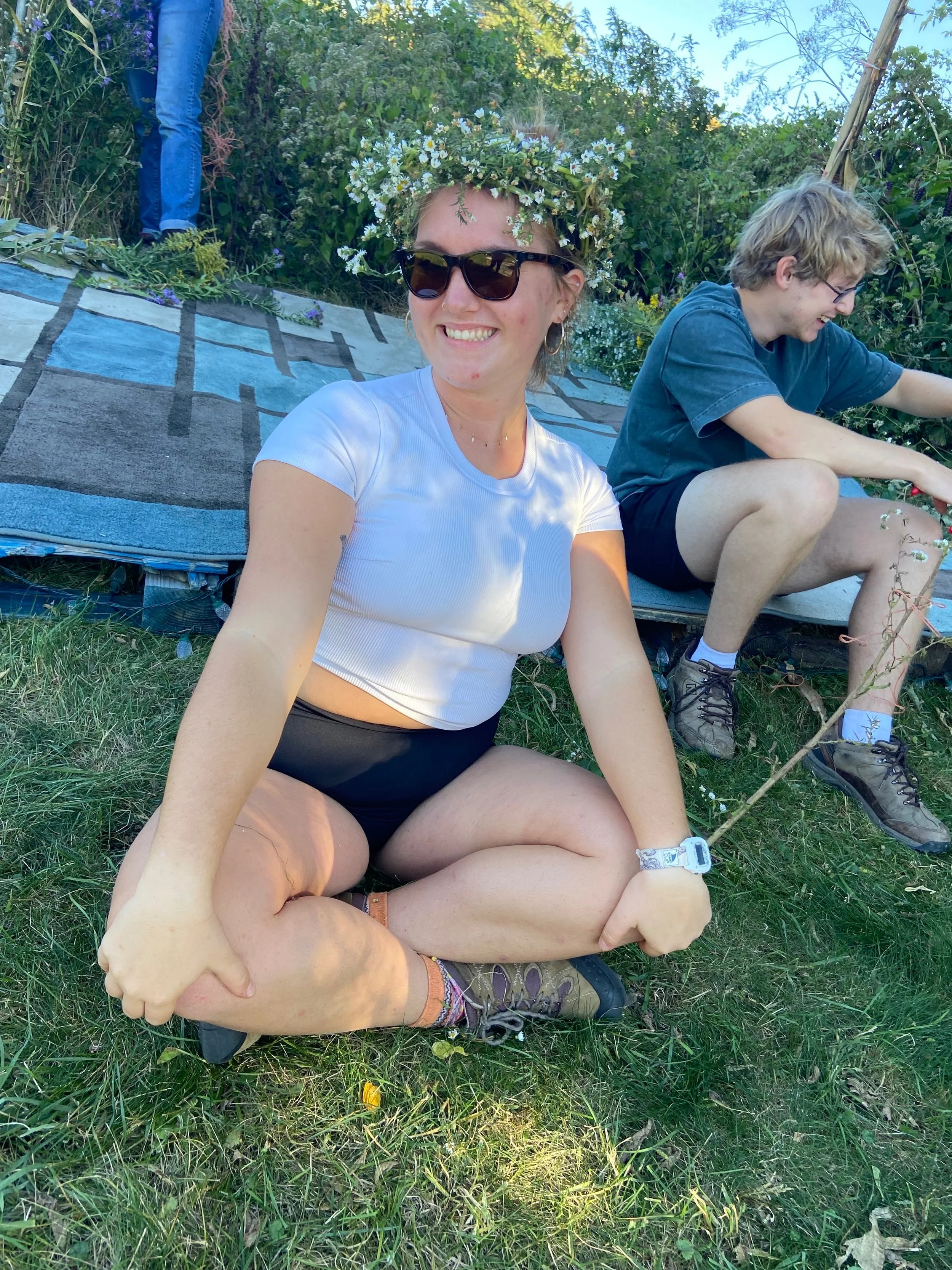 Farm Director Claire with her flower crown
