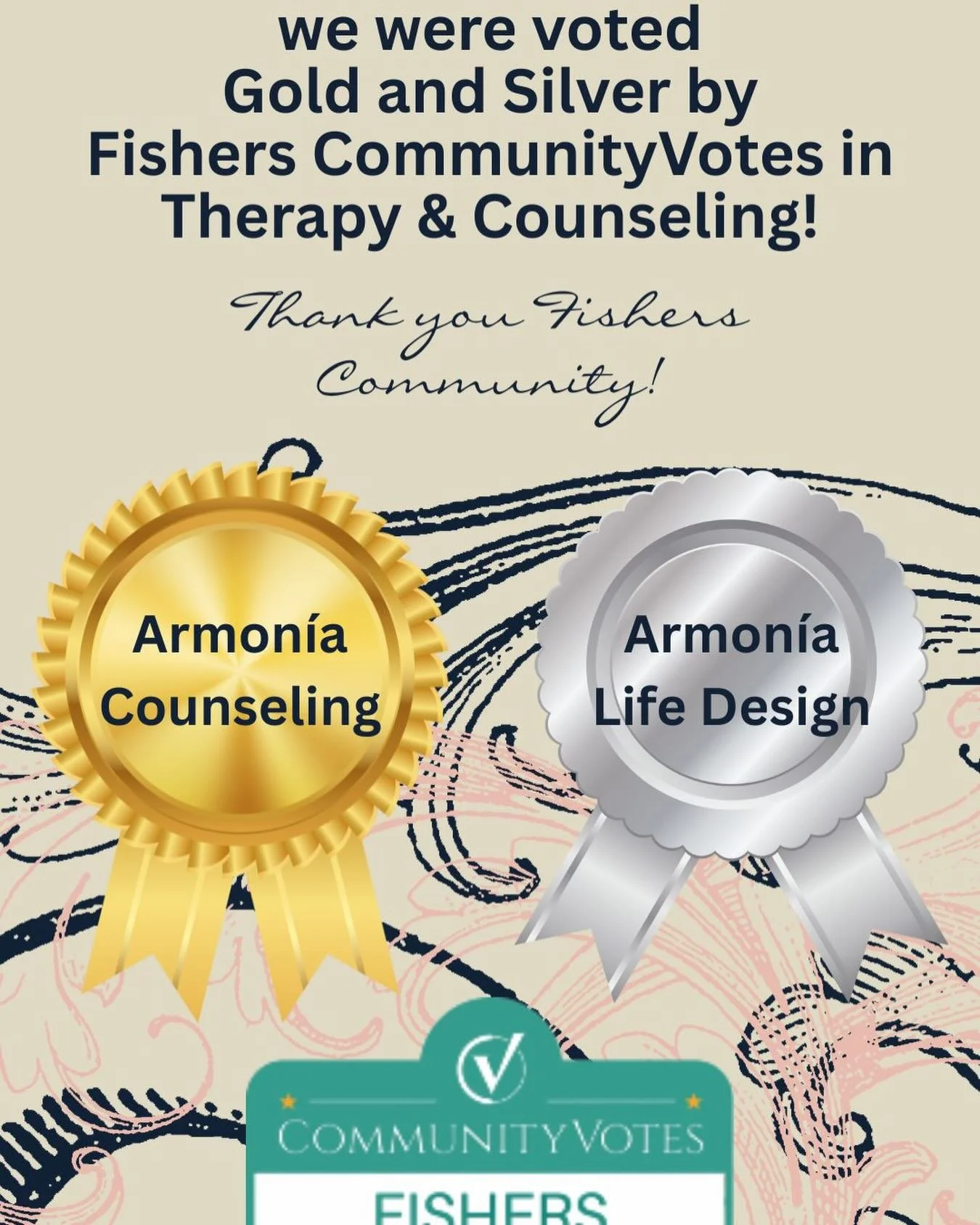 Grateful🙏 to have been voted by our great community of Fishers!  Accepting new clients @armonialifedesign; @leeniedau @christinaortizkingarttherapist @dramanotdrugs3 @alliom_yoga_rn