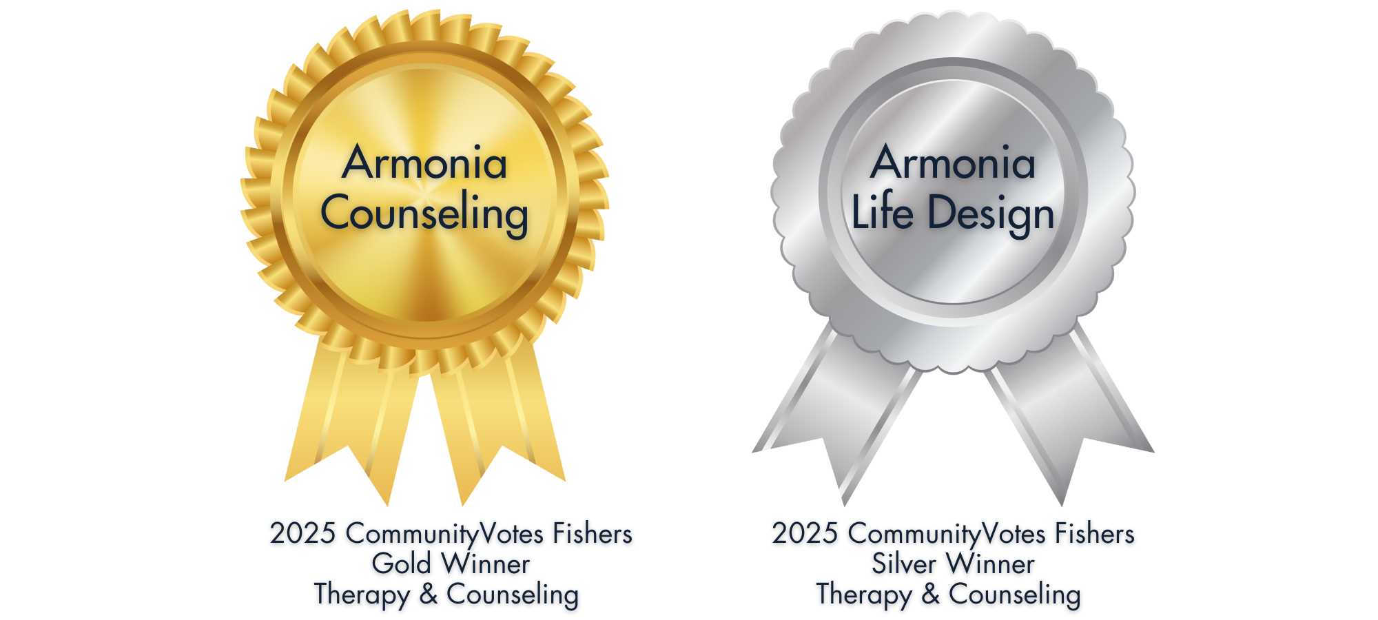 A graphic showing two award medals. The first medal, gold in color, reads 'Armonia Counseling' and is labeled as the 2025 Community Votes Fishers Gold Winner for Therapy & Counseling. The second medal, silver in color, reads 'Armonia Life Design' and is labeled as the 2025 Community Votes Fishers Silver Winner for Therapy & Counseling.