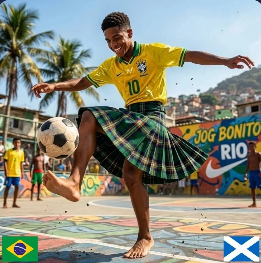 A close-up shot of a boy, aged perhaps 11, wearing a yellow Brazilian football shirt, and a kilt. He is smiling, and kicking a football. In the background you can see other children, a blue sky and huge palm trees