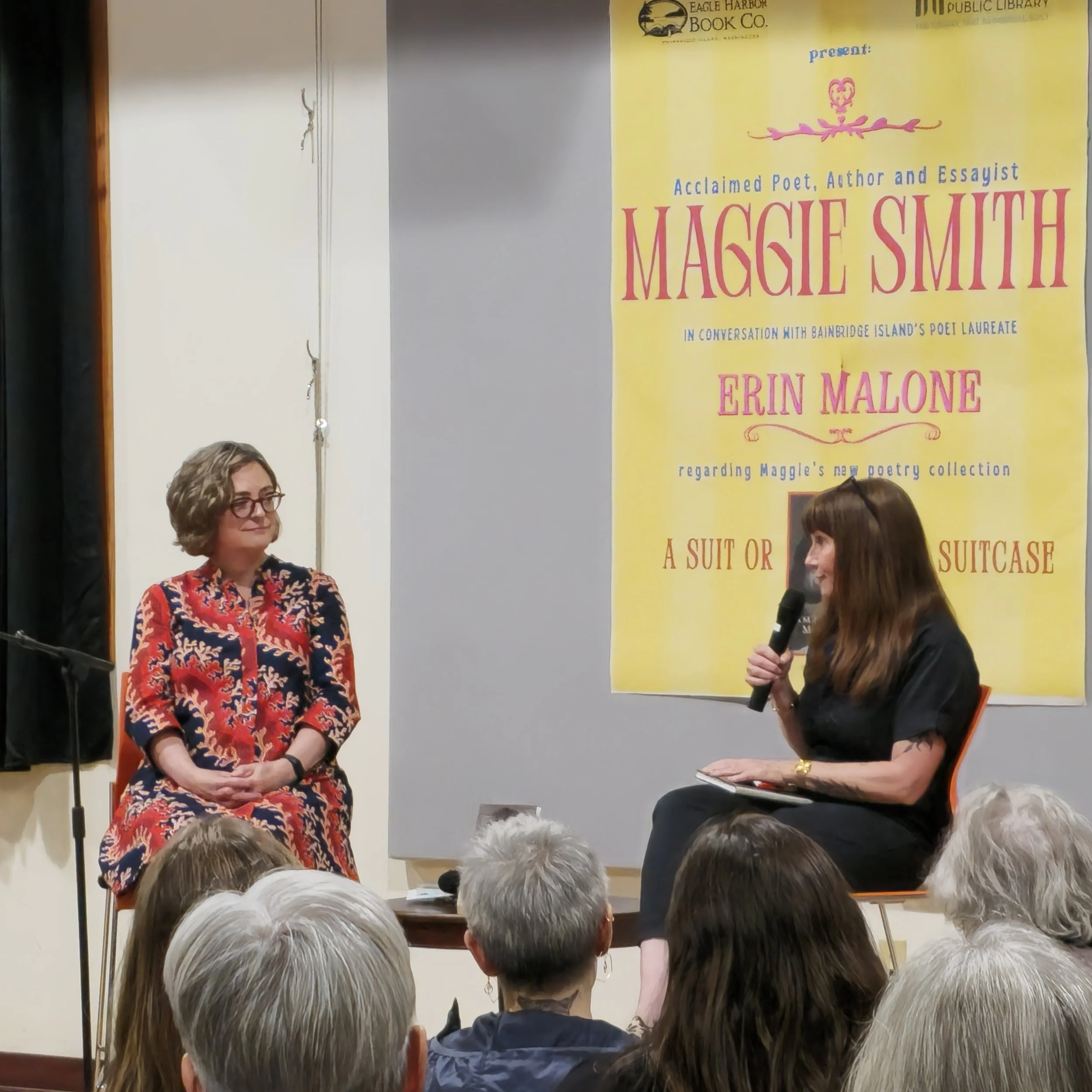 Maggie Smith and Erin Malone at Maggie's book launch "A Suit or a Suitcase" at Eagle Harbor Book Co., March 25th, '26.
