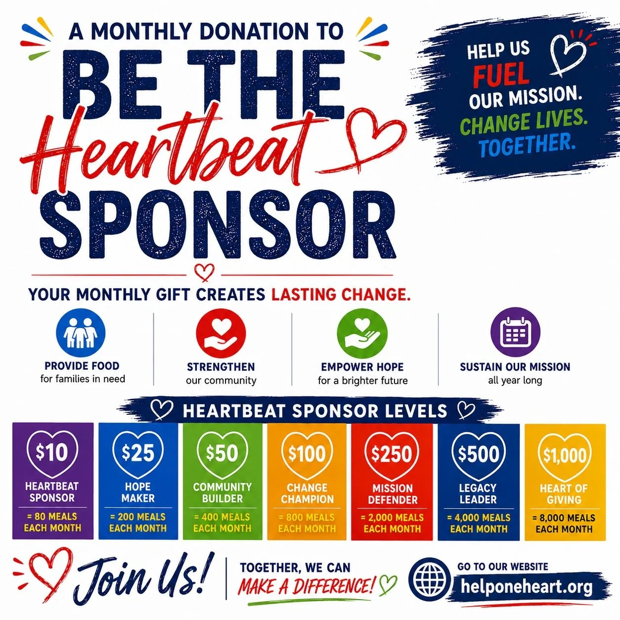 ❤️ Be the Heartbeat behind our mission.

When you become a monthly Heartbeat Sponsor, your consistent support helps One Heart for Women &amp; Children provide food, strengthen our community, empower hope, and continue showing up for families who need