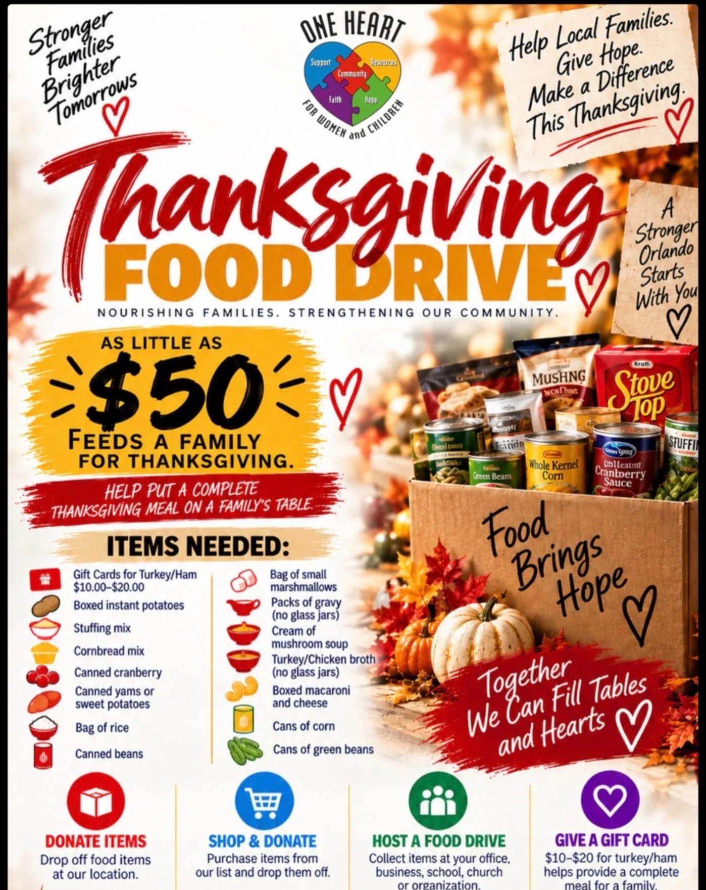 🦃❤️ Help Us Prepare for Thanksgiving!

We&rsquo;re already planning our upcoming Thanksgiving Drive at One Heart for Women and Children, and we need our community to help make it possible!

There are so many ways to get involved:

🥫 Host a Thanksgi