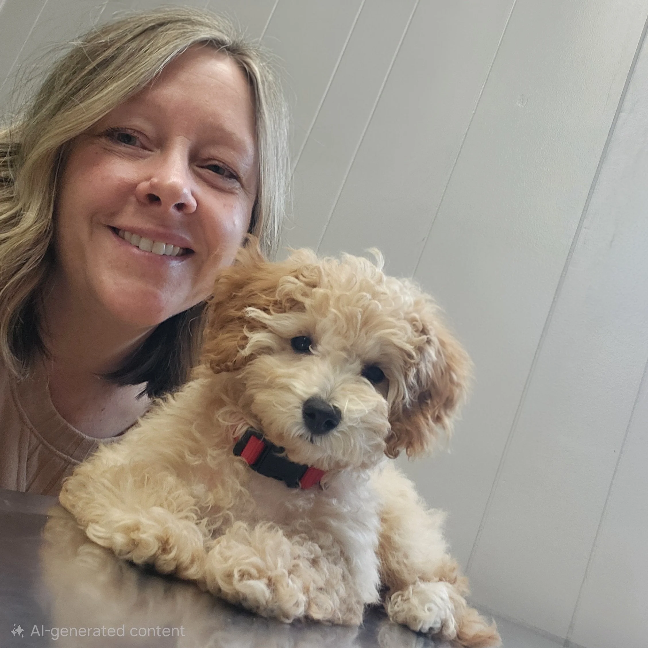 A woman with blonde hair smiling next to a small, curly-haired miniature poodle puppy with light brown fur and a red collar.