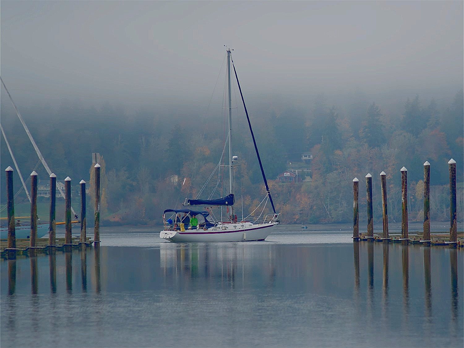 A group of friends embarking for a day of sailing on a cool, foggy, autumn morning