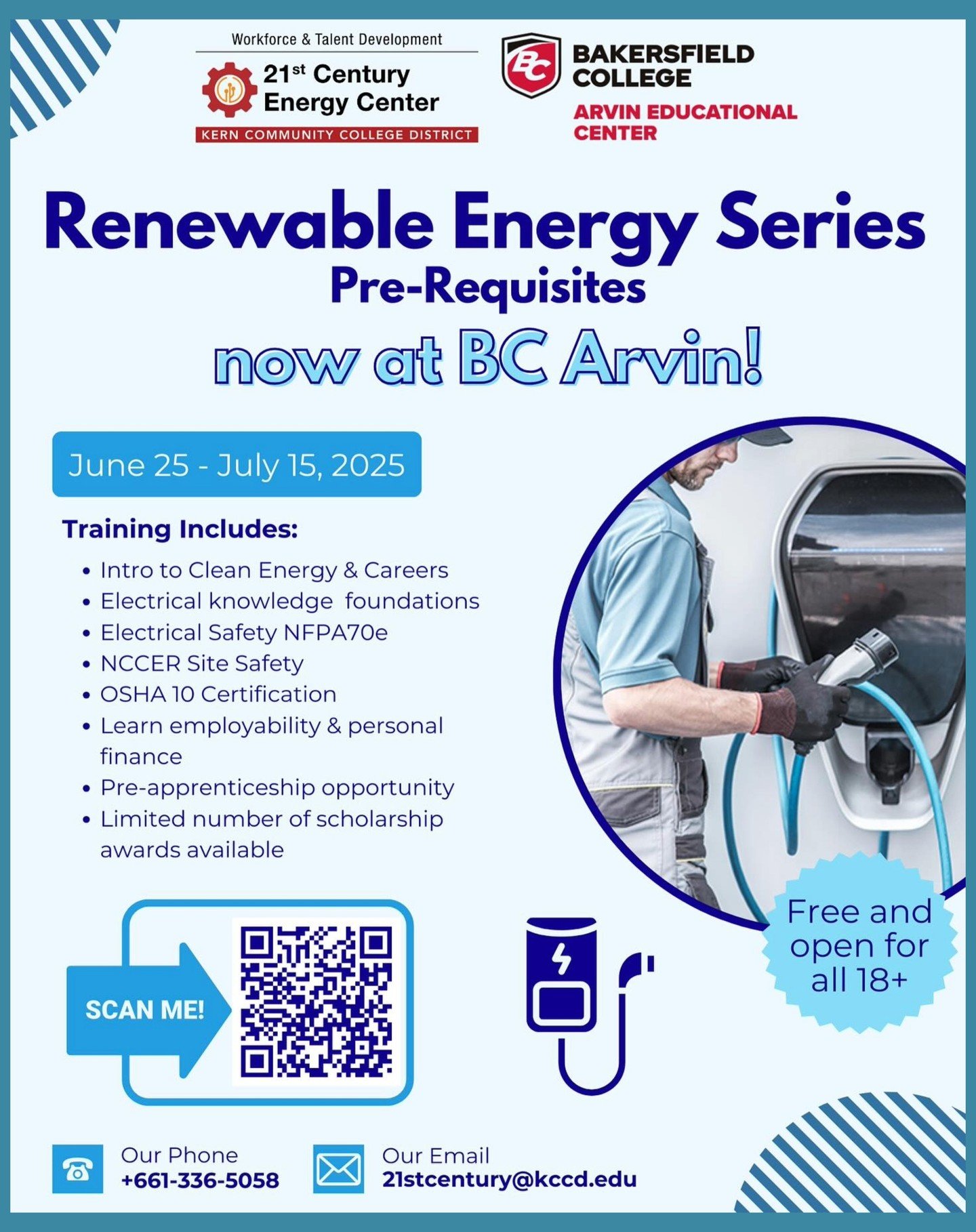 The Renewable Energy Series is coming to BC Arvin from June 25 to July 15. Get introduced to clean energy careers, safety certifications, and more. Bilingual support available. Free and open to everyone 18 and older. Call or email us to learn more or