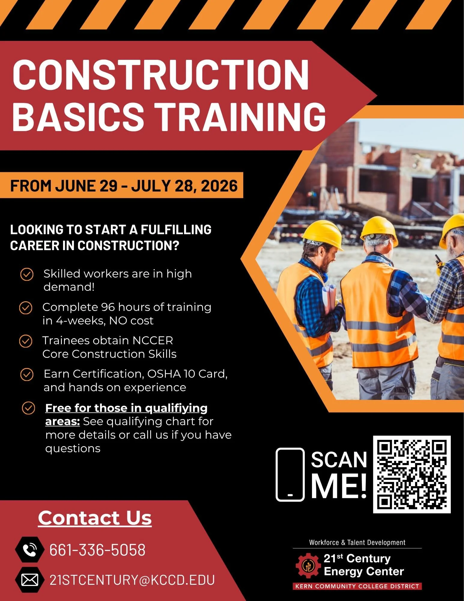 Level yourself up this summer with FREE Training for Construction Basics from @21stcenturyenergy ! Check it out by scanning the QR code. Classes Start June 29th, call 661-336-5058 or email 21stcentury@kccd.edu for more info or if you have any questio
