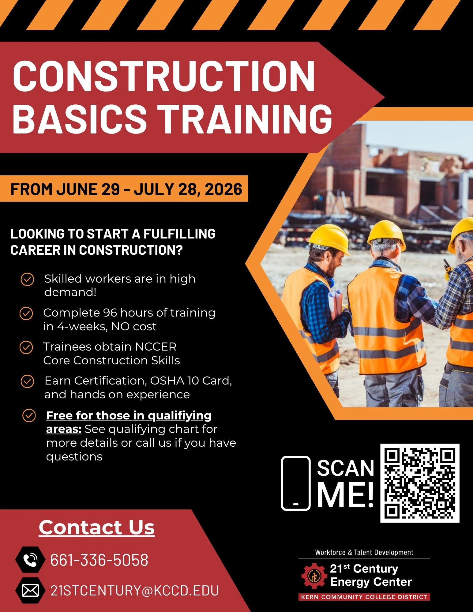 Hello Kern County! Enrollment is now open for NO-COST Training for Solar Installation &amp; Basic Construction through @21stcenturyenergy center. Construction course starts June 29 and ends July 27, 2026, and the Solar Installation course is from Jul