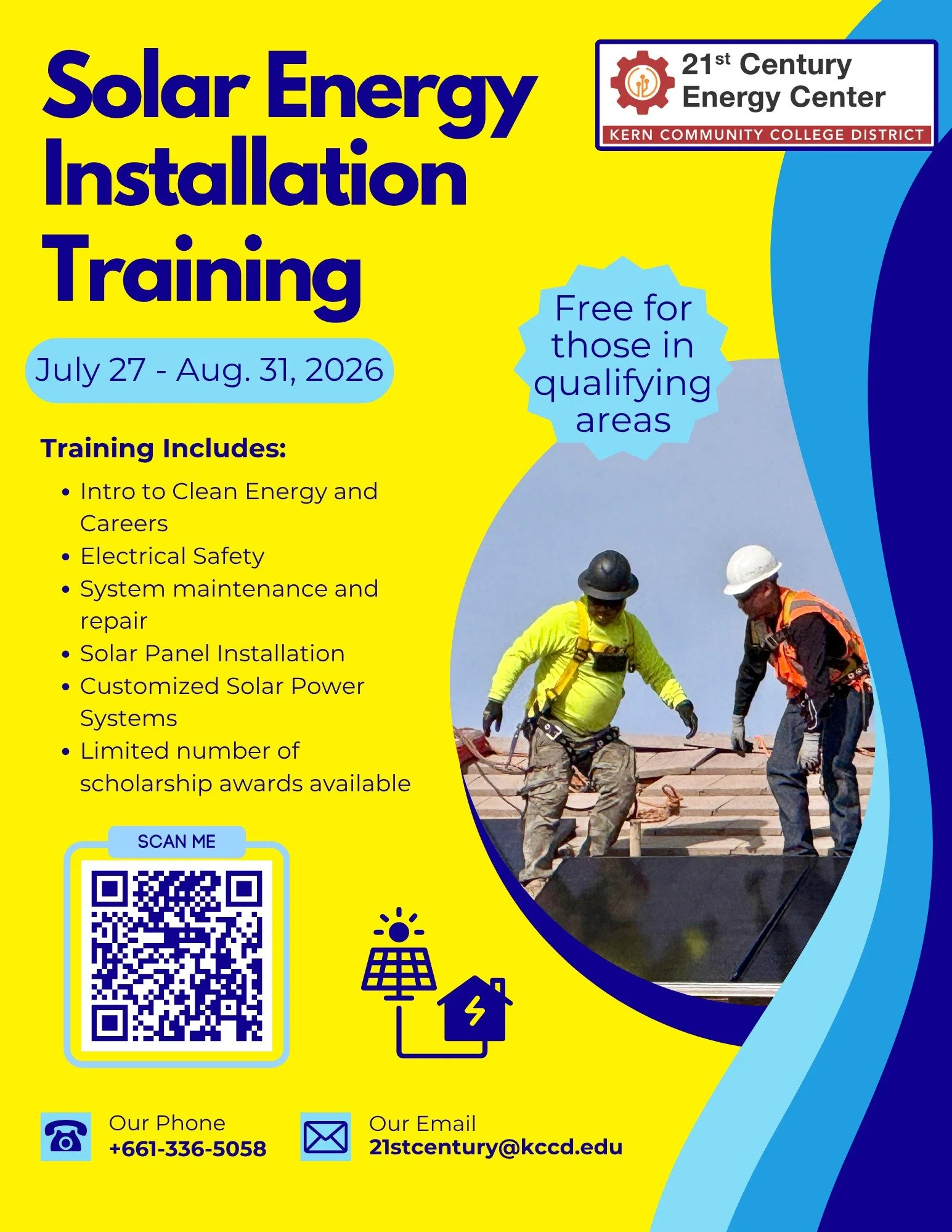 Sharing an opportunity for Kern County residents!

Enrollment is now open for no-cost Solar Installation training July 27 thru August 31, 2026. This is brought to you by @21stcenturyenergy .

2100 Chester Avenue
Bakersfield, CA

For more information,