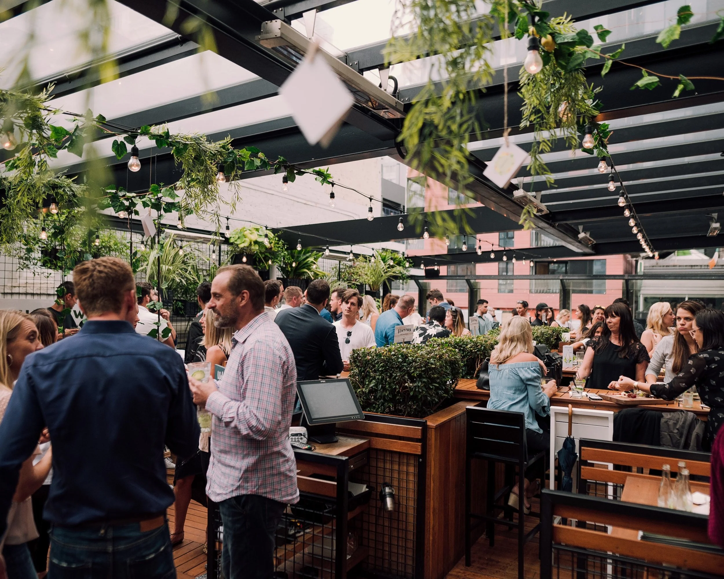 Guests mingling with drinks under festoon lights on the greenery-draped rooftop at The Glass Goose