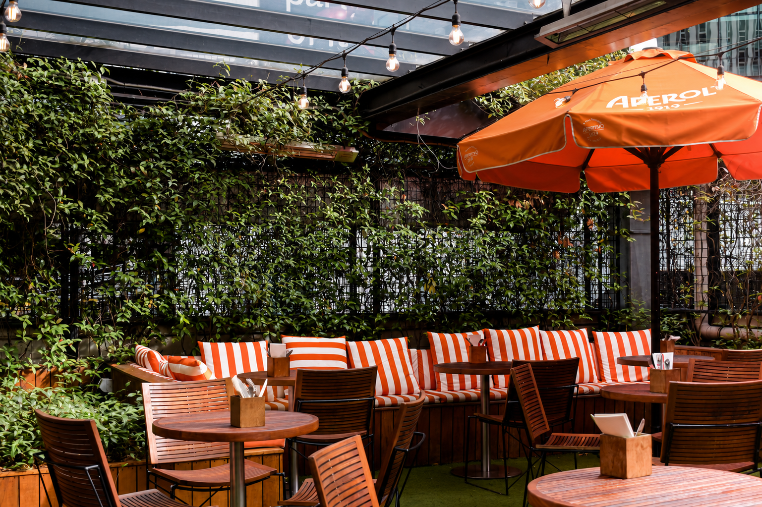 Outdoor rooftop seating surrounded by greenery at The Glass Goose in Auckland CBD