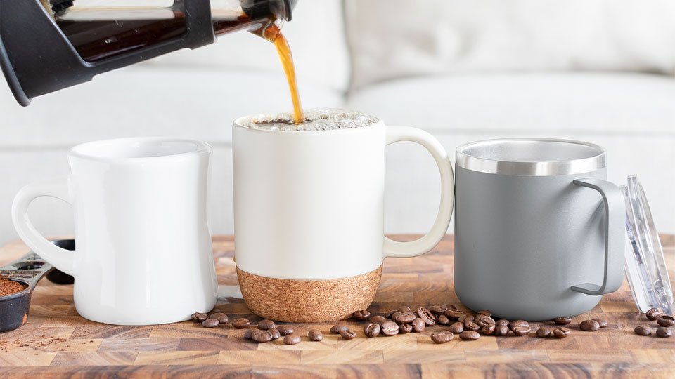 Image of a trio of coffee and tea mugs for Drinkware on Garbo Graphics website