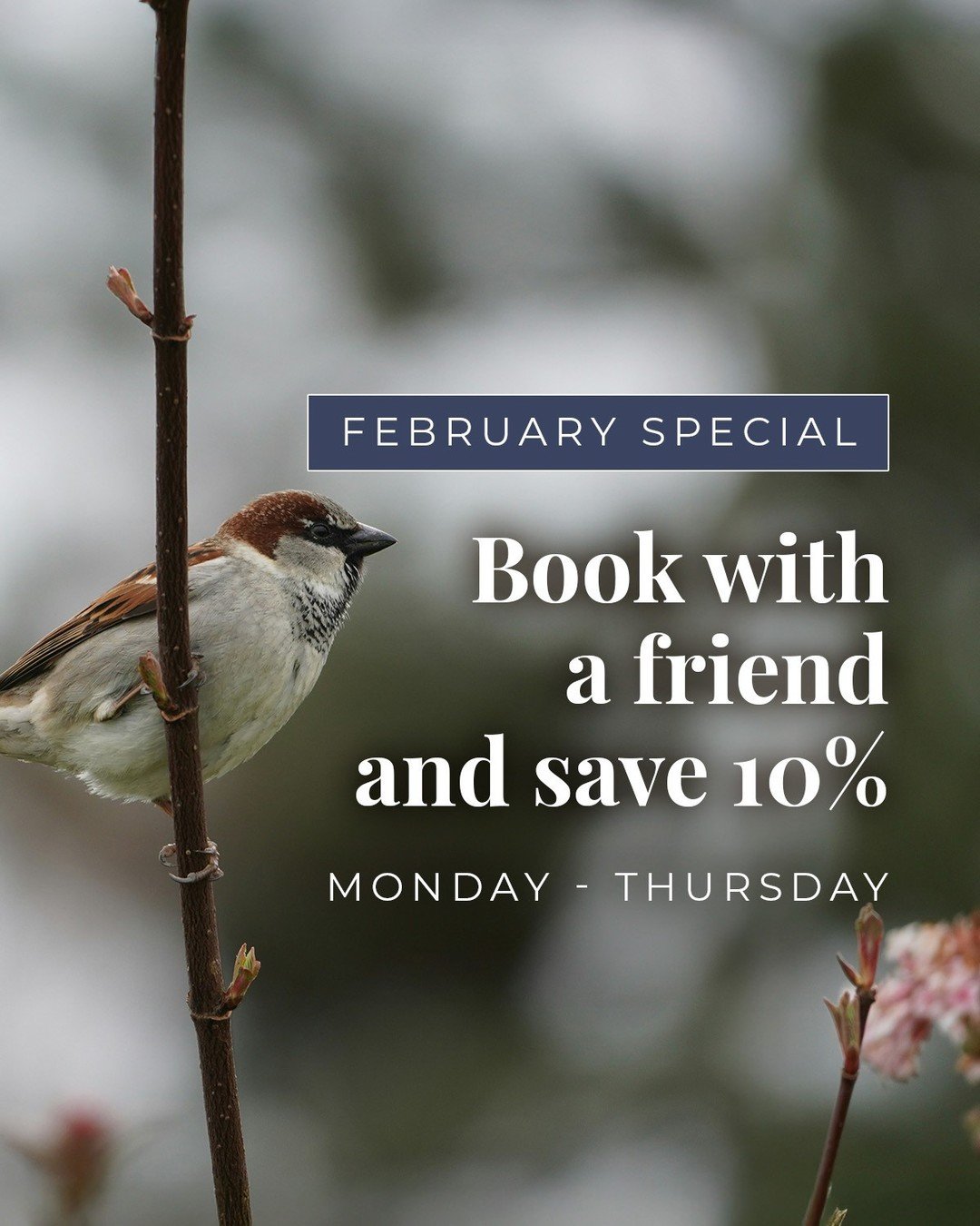💖 February feels better with a spa date! 💖⁠
⁠
This month, your weekday plans just got more rewarding.⁠
Book a Monday&ndash;Thursday appointment with a second guest and you&rsquo;ll each receive 10% off any service&mdash;facials, massages, or mani-p