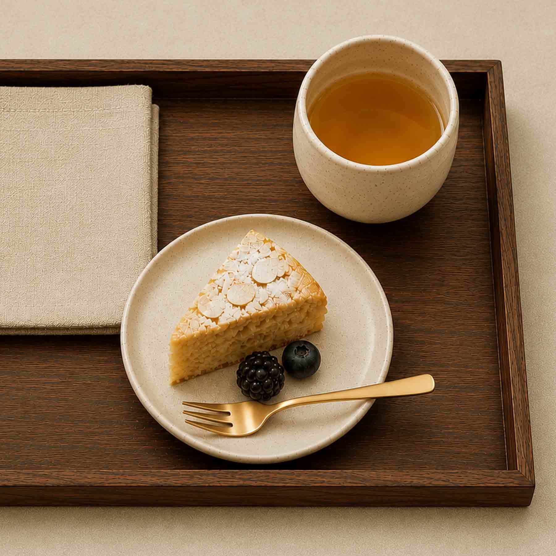 Tea, cake, and berries served with tableware on a tray