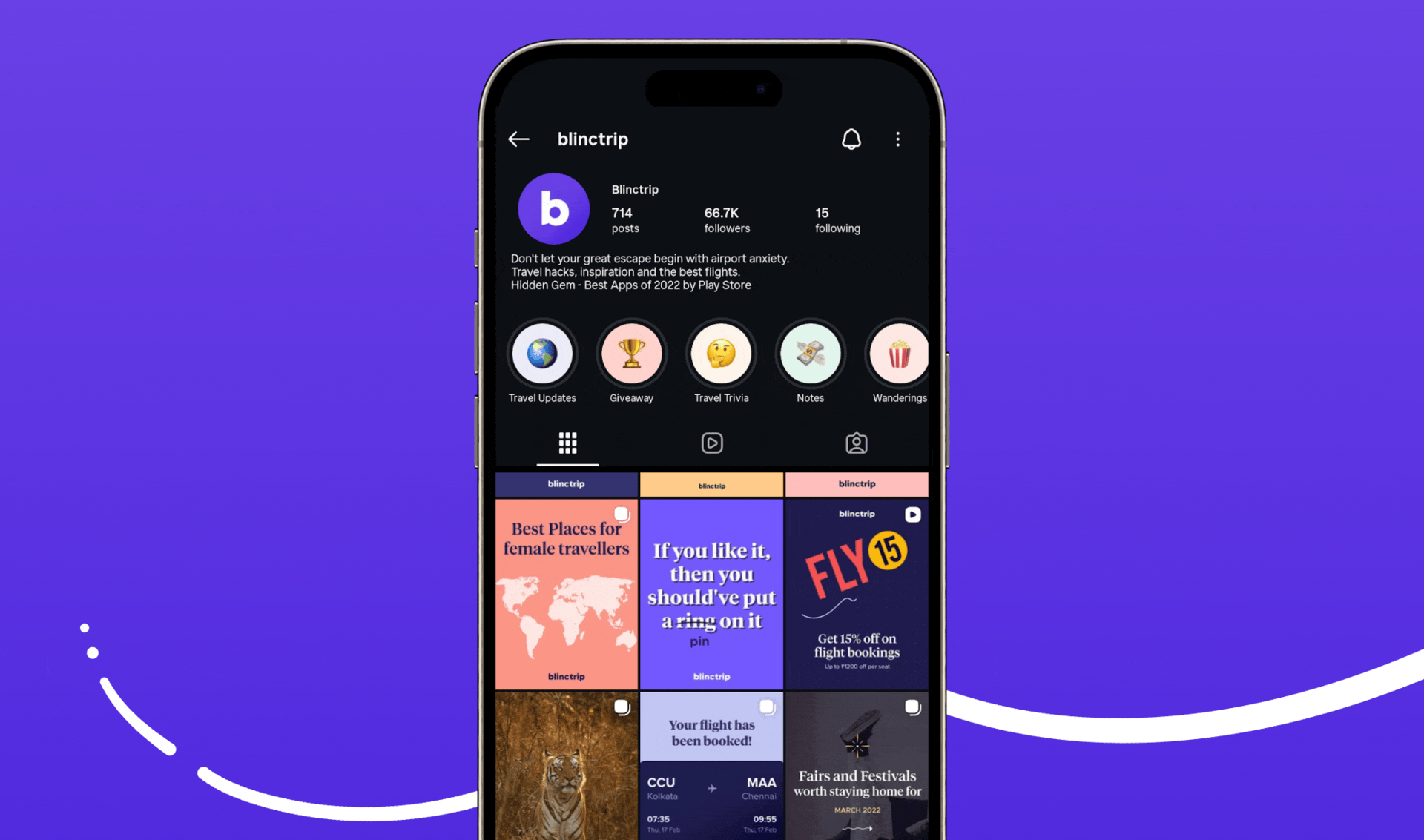 Smartphone screen displaying an Instagram profile for 'blintrip' with 714 posts, 66.7K followers, and 15 following, showing icons for updates, giveaway, trivia, notes, and wanderings, and showcasing various travel-related posts and images.