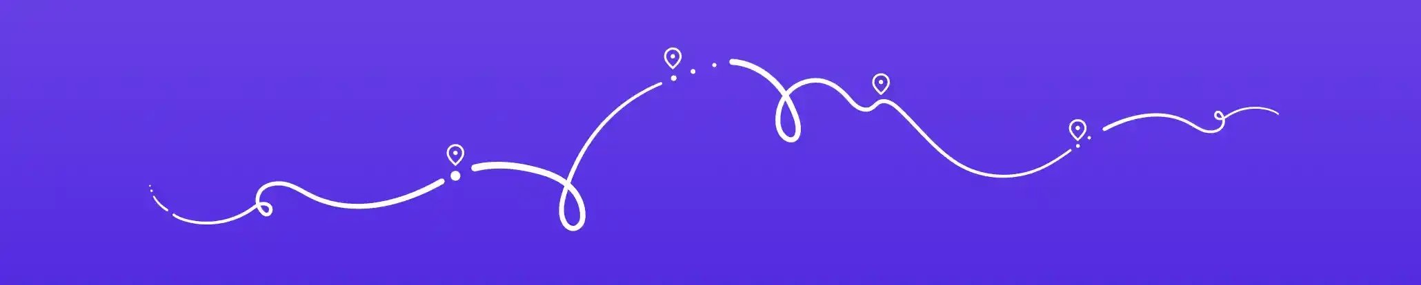 White line art of a stylized sinusoidal or wave pattern with small location markers on a purple gradient background.